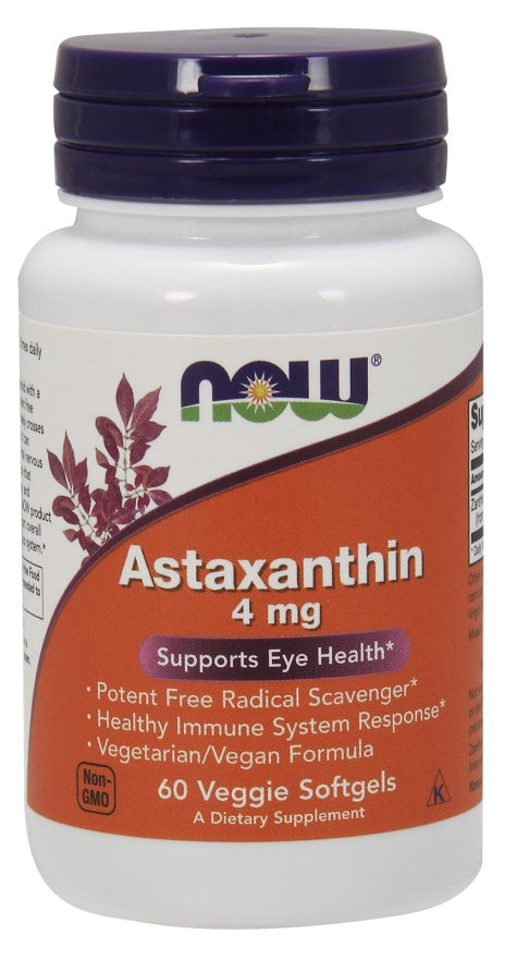 Pakke med NOW Foods Astaxanthin 4 mg, 60 vegetabilske blødkapsler