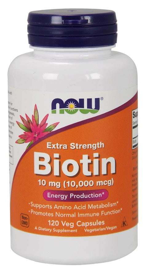 Pakke med NOW Foods Biotin 10 mg i 120 vegetabilske kapsler