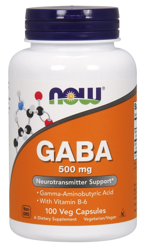 Flaske med NOW Foods GABA med vitamin B-6, 500 mg, 100 vegetariske kapsler