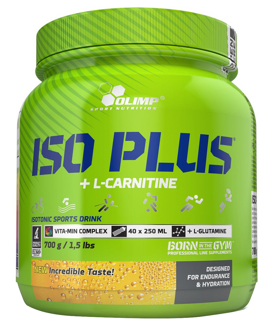Beholder med Olimp Nutrition Iso Plus isotonisk drikkepulver, Tropic Blue, 700 g