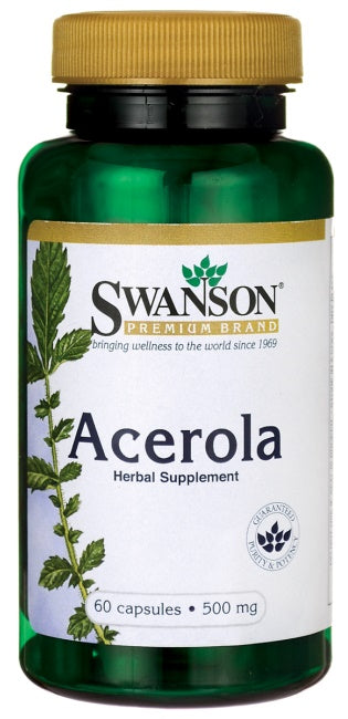 Glas med Swanson Acerola 500 mg, 60 kapsler med acerolakirsebær