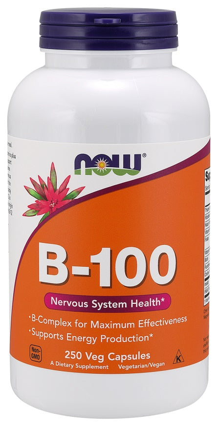 Pakning med NOW Foods Vitamin B-100 B-kompleks i 250 vegetabilske kapsler
