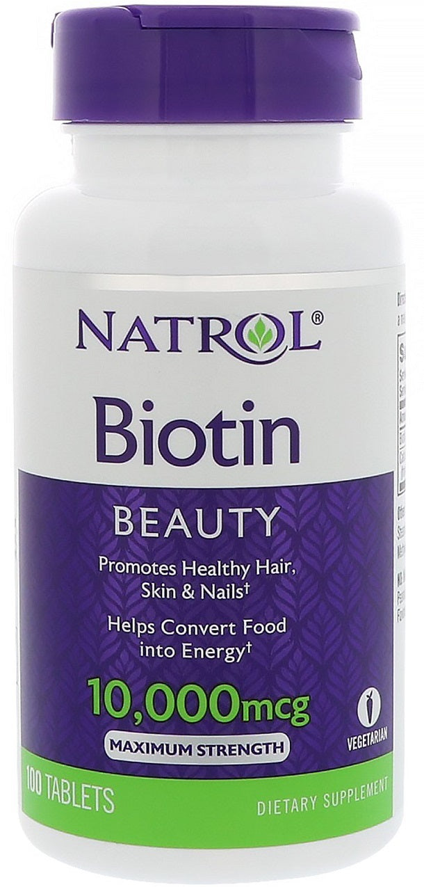 Pakke med Natrol Biotin 10.000 mcg, 100 tabletter
