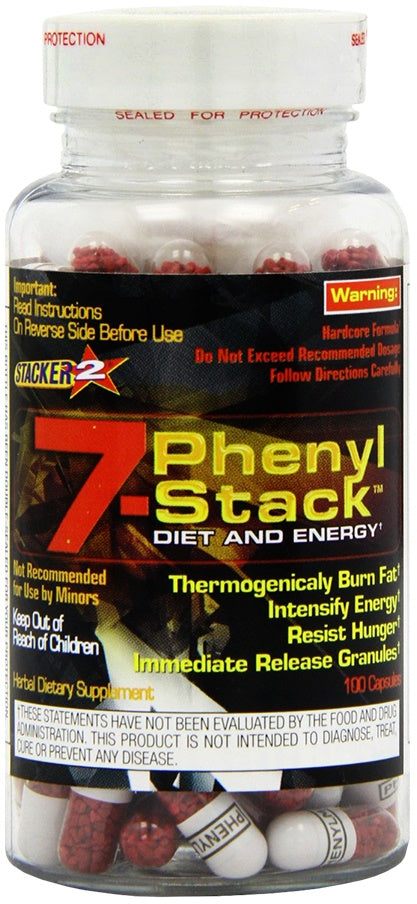 Beholder med Stacker 2 7-Phenyl Stack kosttilskud, 100 kapsler