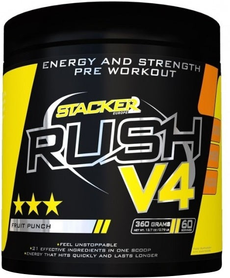 Dåse med Stacker2 Europe Rush V4 pre-workout pulver i smagen Fruit Punch, 360 g