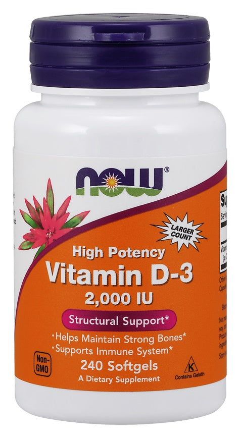 Dåse med NOW Foods D-3-vitamin 2000 IE, 240 bløde kapsler