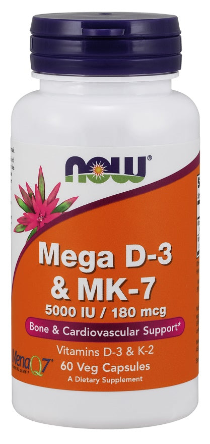 NOW Foods Mega D-3 & MK-7 D3 + K2, beholder med 60 vcaps