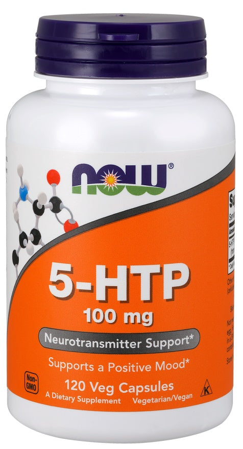 Flaske med NOW Foods 5-HTP 100 mg, 120 vegetariske kapsler