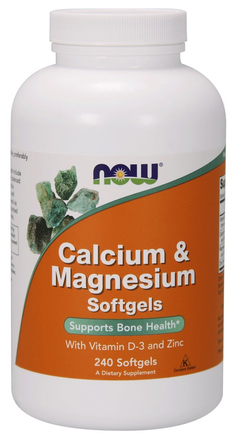 Pakning med NOW Foods calcium og magnesium med D-vitamin og zink, 240 bløde kapsler