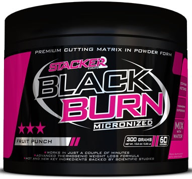 Dåse med Stacker2 Europe Black Burn Micronized pulver i smagen Fruit Punch, 300 g