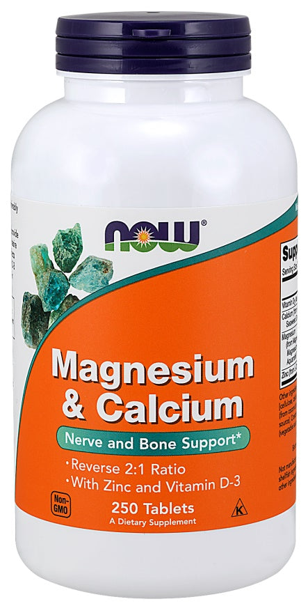 Pakning med NOW Foods magnesium og calcium med zink og D3-vitamin, 250 tabletter