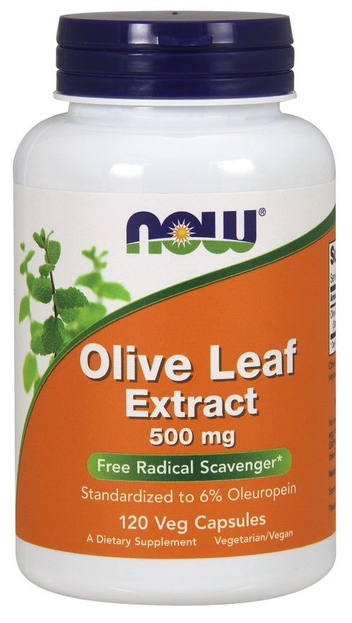 Beholder med NOW Foods olivenbladsekstrakt, 500 mg, 120 vegetabilske kapsler