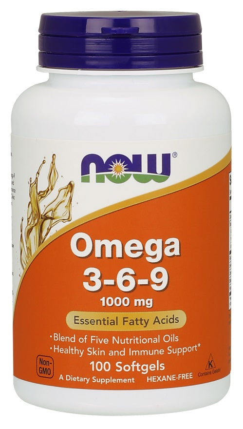 Pakke med NOW Foods Omega 3-6-9 kosttilskud, 1000 mg, 100 bløde kapsler