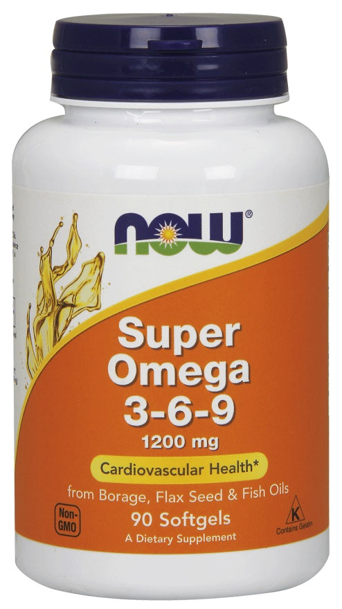 Pakning med NOW Foods Super Omega 3-6-9, 1200 mg, 90 bløde kapsler