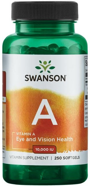 Glas med Swanson Vitamin A 10.000 IU, 250 bløde softgels