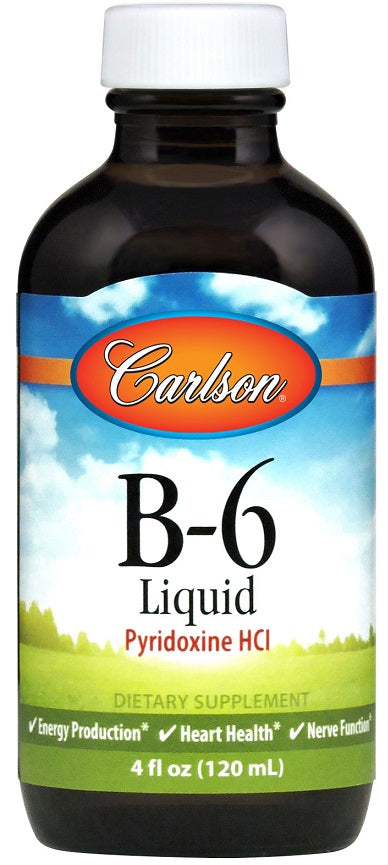 Flaske med Carlson Labs Vitamin B-6 Pyridoxin-HCl i flydende form, 120 ml