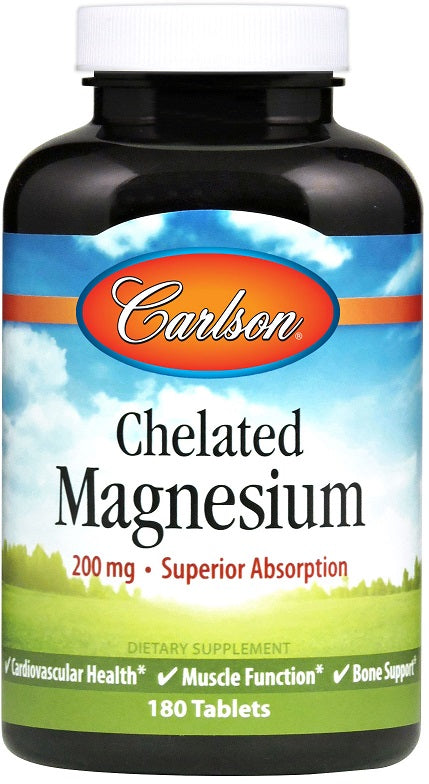 Pakning med Carlson Labs magnesiumglycinat 200 mg, 180 tabletter