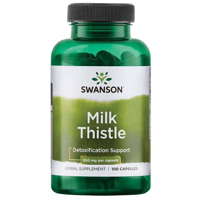 Glas med Swanson Marietidsel 500 mg kosttilskud, 100 kapsler