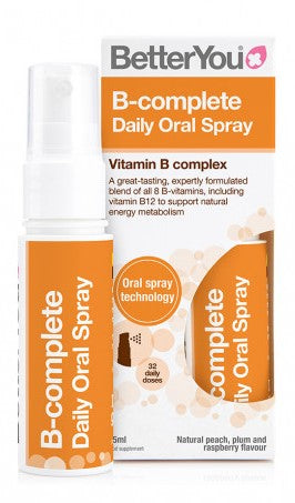 Flaske med BetterYou B-complete daglig mundspray, fersken, blomme og hindbær