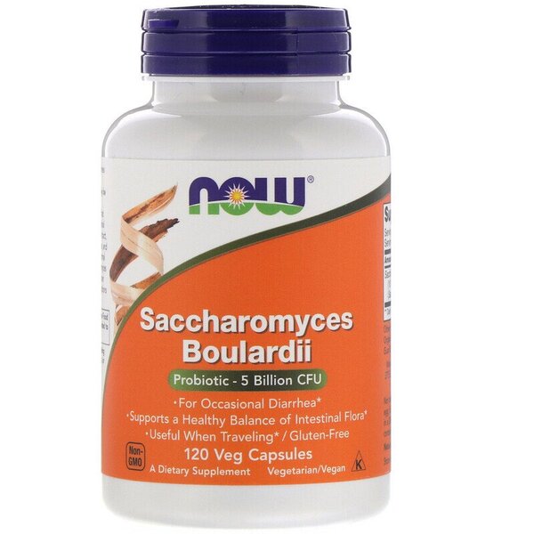 Glas med NOW Foods Saccharomyces boulardii, 120 vcaps, kosttilskud i kapselform