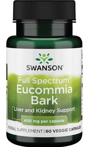 Flaske med Swanson Full Spectrum Eucommia Bark, 400 mg, 60 vegetabilske kapsler
