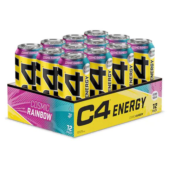Multipakke med 12 dåser Cellucor C4 Explosive Energy Drink i smagen Cosmic Rainbow, 500 ml