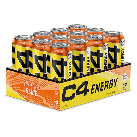 Kasse med Cellucor C4 Explosive energidrik i smagen Orange Slice, 12 dåser à 500 ml