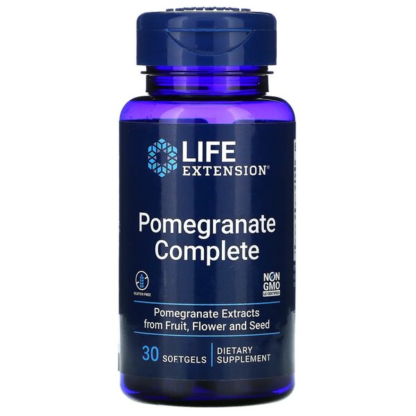 Pakning med Life Extension Pomegranate Complete, 30 bløde kapsler
