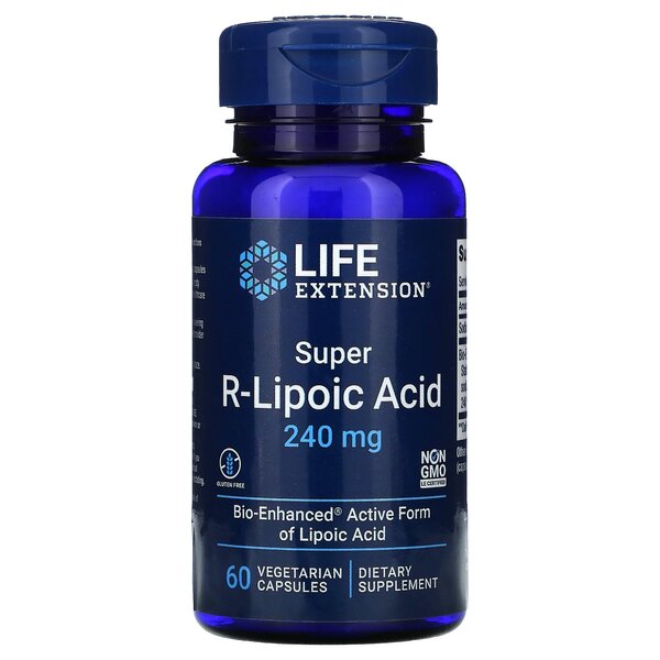 Beholder med Life Extension Super R-liposyre 240 mg, 60 vegetariske kapsler