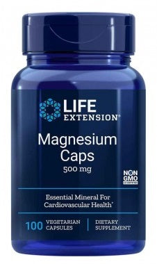 Beholder med Life Extension magnesiumkapsler, 500 mg, 100 kapsler