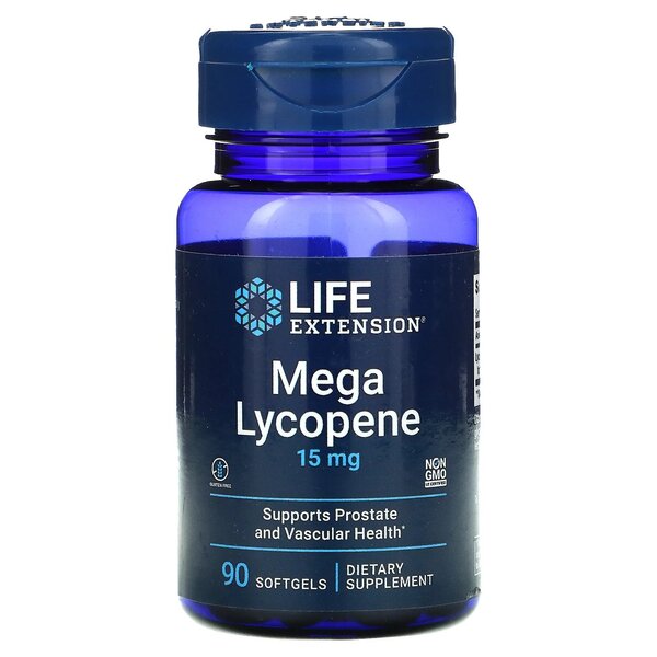Beholder med Life Extension Mega Lycopene 15 mg, 90 bløde kapsler