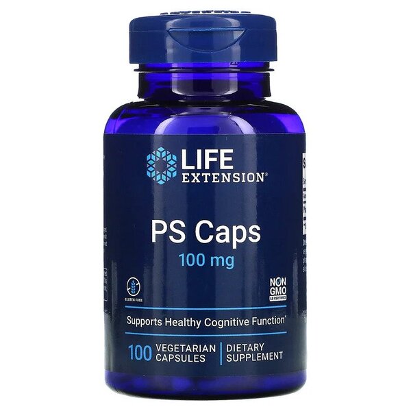 Flaske med Life Extension PS Caps fosfatidylserin 100 mg, 100 vegetabilske kapsler