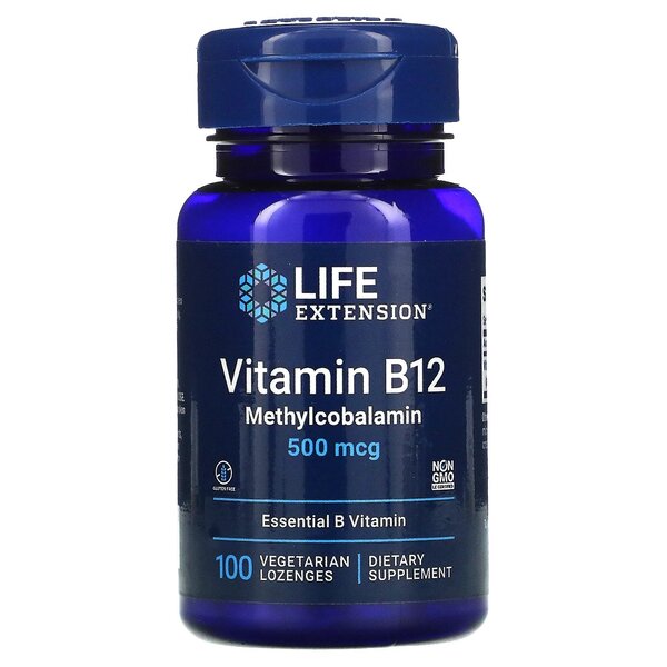 Beholder med Life Extension Vitamin B12 methylcobalamin, 100 pastiller