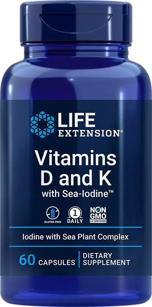 Pakning med Life Extension D3 + K2 med havjod, 60 kapsler