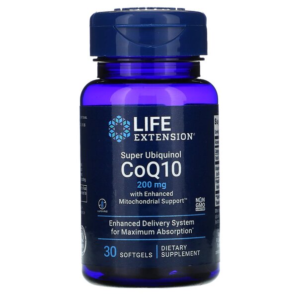 Beholder med Life Extension Super Ubiquinol CoQ10, 200 mg, 30 softgels