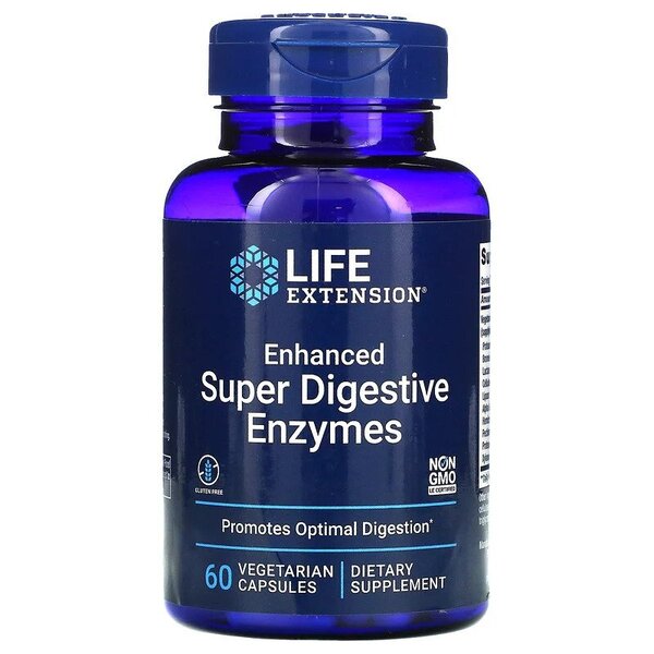 Pakning med Life Extension Enhanced Super Digestive Enzymes, 60 vegetariske kapsler
