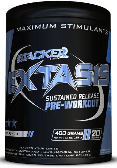 Stacker2 Europe Extasis pre-workout pulver i 400 g dåse med Fruit Punch-smag