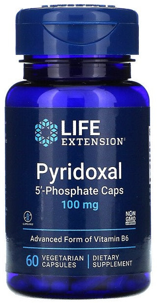 Glas med Life Extension B6 pyridoxal-5-fosfat kapsler, 100 mg, 60 stk.