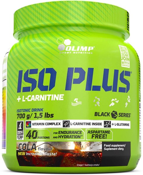 Dåse med Olimp Nutrition Iso Plus isotonisk drikkepulver med colasmag, 700 g