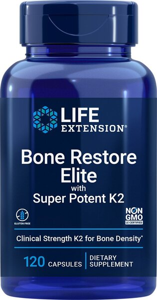 Life Extension Bone Restore Elite med calcium, D-vitamin og K2, pakning med 120 kapsler