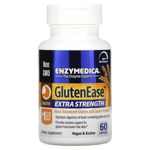 Pakning med Enzymedica GlutenEase Extra Strength gluten- og kaseinenzymer, 60 kapsler