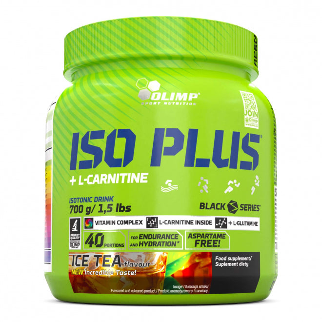Dåse med Olimp Nutrition Iso Plus isotonisk pulver i smagen Ice Tea, 700 g