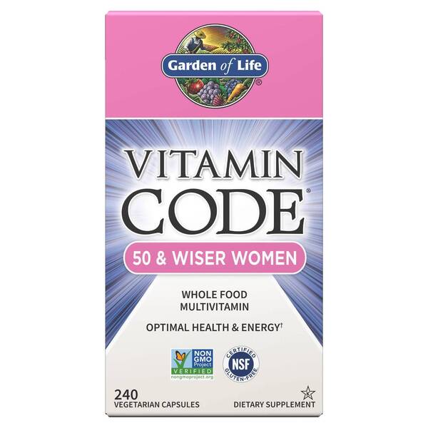 Glas med Garden of Life Vitamin Code 50 & Wiser Women multivitamin, 240 kapsler