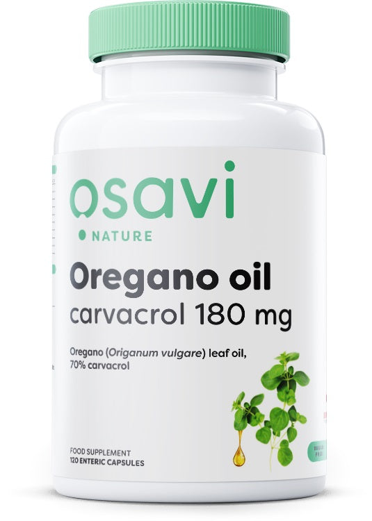 Osavi oreganoolie med carvacrol 180 mg, pakning med 120 mavesyrebestandige kapsler