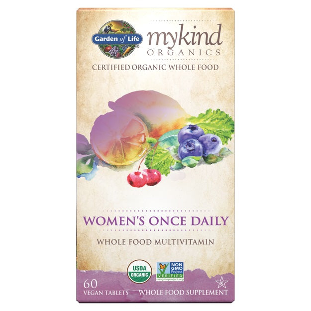 Pakning med Garden of Life Mykind Women's Once Daily multivitamin, 60 vegan tabletter