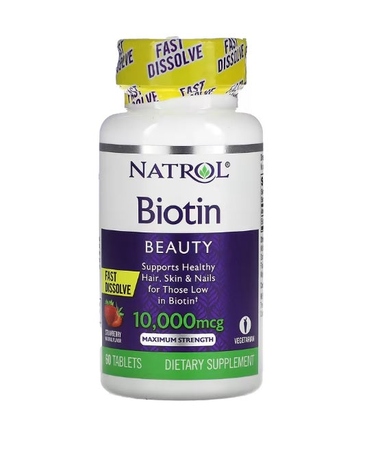 Pakke med Natrol Biotin Beauty 10.000 mcg biotin, 60 tabletter
