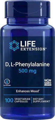 Beholder med Life Extension D-L-fenylalanin 500 mg i 100 vegetariske kapsler