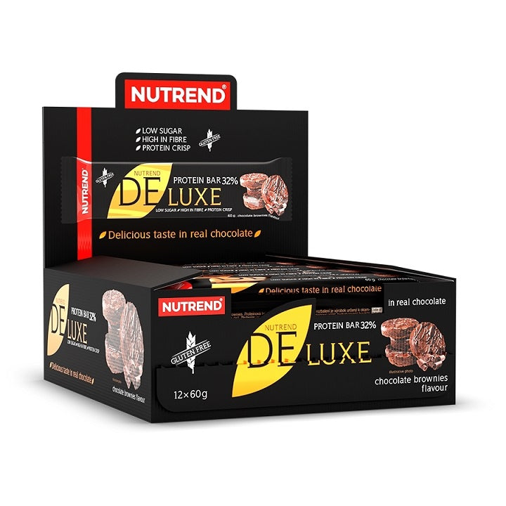 Æske med 12 Nutrend Deluxe proteinbarer i smagen Chocolate Brownies, 60 g stykket