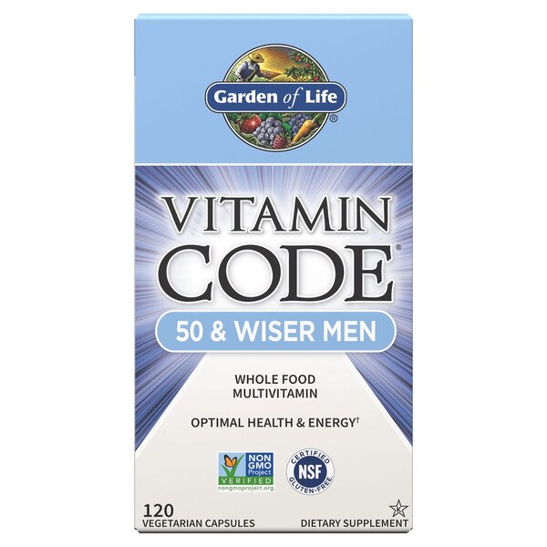 Glas med Garden of Life Vitamin Code 50 & Wiser Men multivitamin, 120 vegetariske kapsler