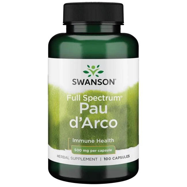 Swanson Full Spectrum Pau d'Arco, 500 mg indre bark i pakning med 100 kapsler